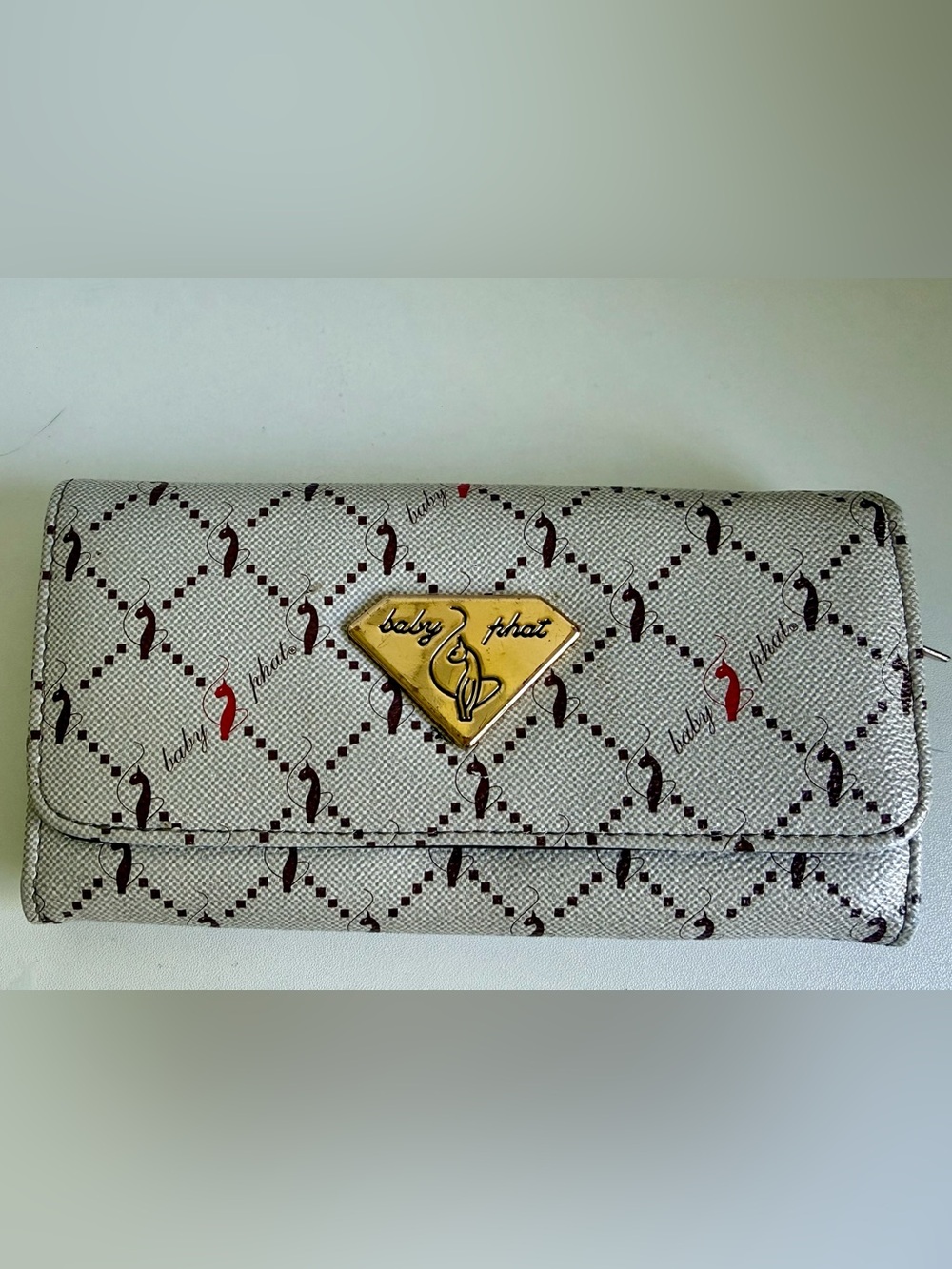 Baby Phat Cream Wallet with Gold Logo and Black & Red Cat Accents